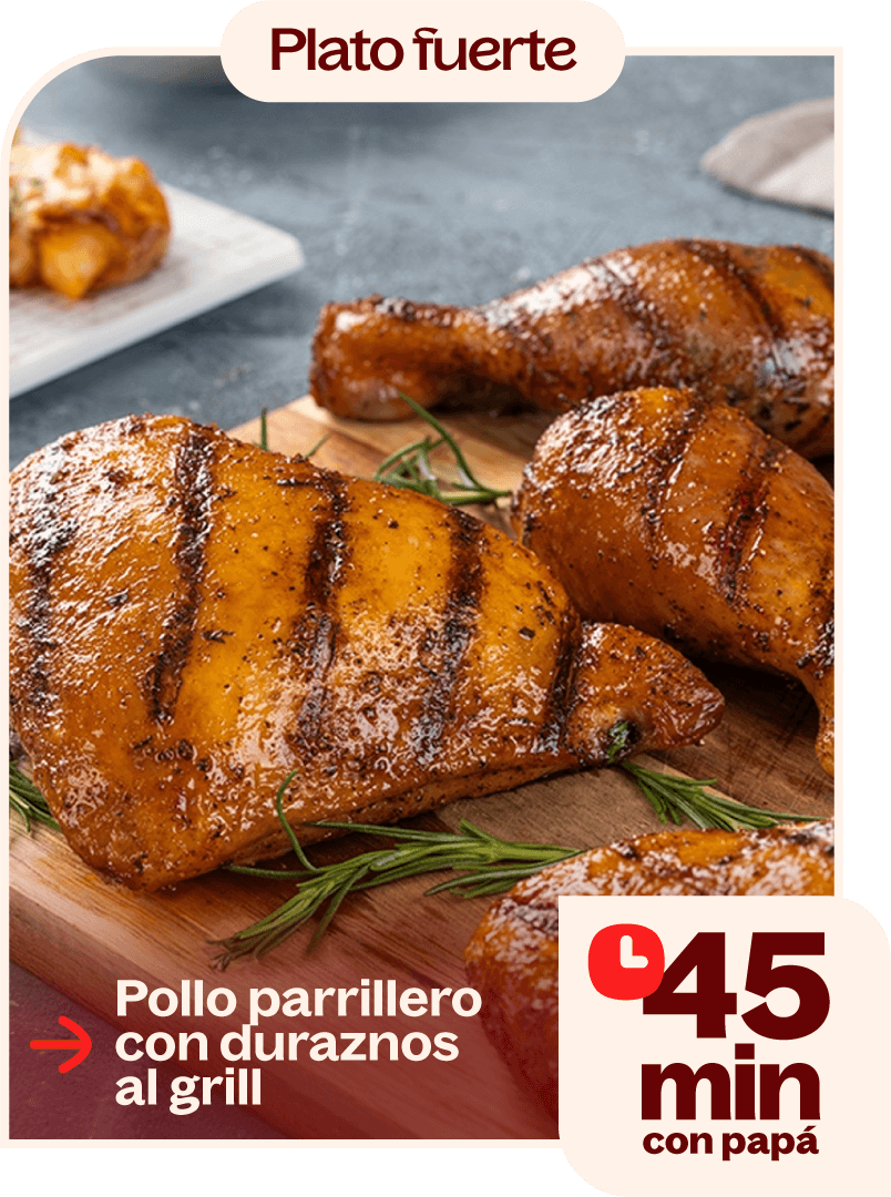Pollo parrillero con duraznos al grill